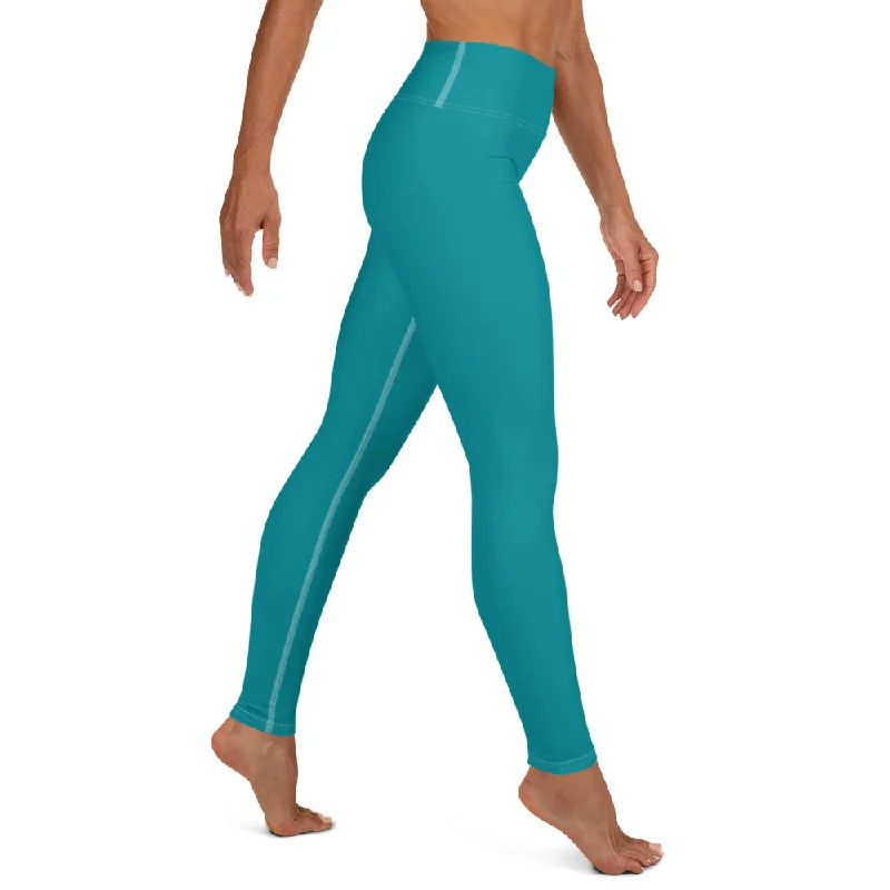 Teal Blue Women's Yoga Leggings, Modern Essential Blue Ladies' Long Tights-Made in USA/EU/MX Comfortable Ribbed Sports Leggings