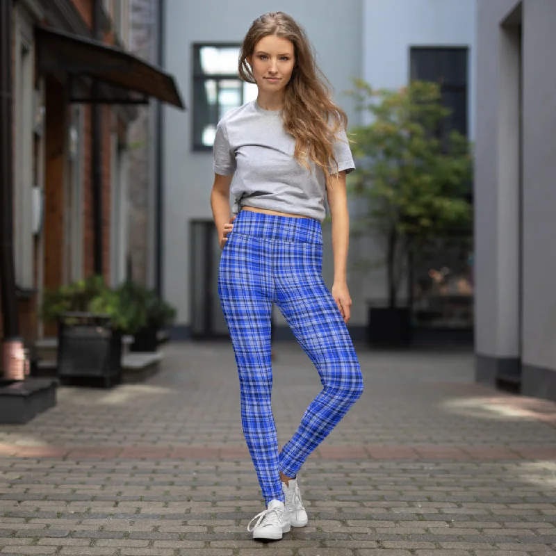 Blue Plaid Print Yoga Leggings, Scottish Tartan Plaid Printed Women's Long Tights-Made in USA/EU Chic Floral Print Leggings