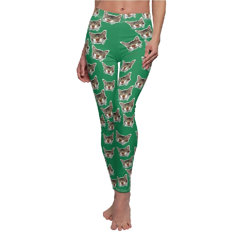 Green Calico Cat Women's Tights, Green Peanut Meow Cat Cute Calico Print Women's Fancy Casual Leggings- Made in USA Elegant Casual Fit Leggings