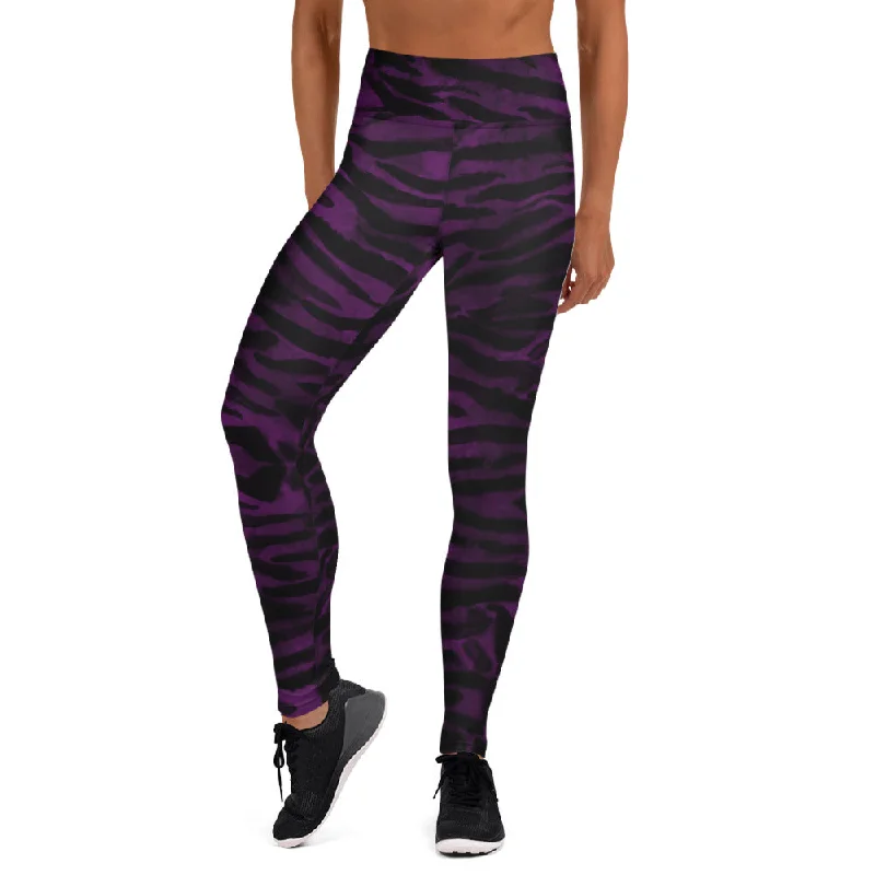 Dark Purple Tiger Tights, Purple Tiger Striped Women's Long Yoga Leggings-Made in USA/EU/MX Fashionable Leather-Look Leggings