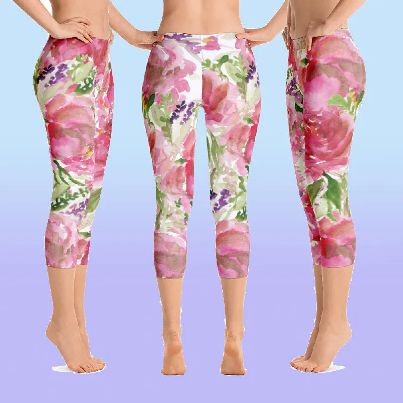 Pink Flower Women's Capris Tights, Princess Rose Floral Designer Casual 38–40 UPF Capri Leggings Activewear Outfit - Made in USA/EU/MX (US Size: XS-XL) Stylish Stretch Pants Leggings
