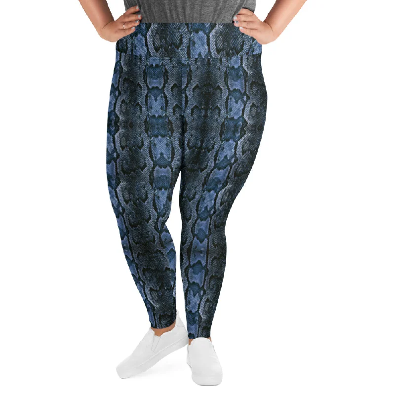 Dark Blue Snake Tights, Best Snake Skin Print Plus Size Leggings For Ladies- Made in USA/EU/MX Fashionable Solid Color Tights