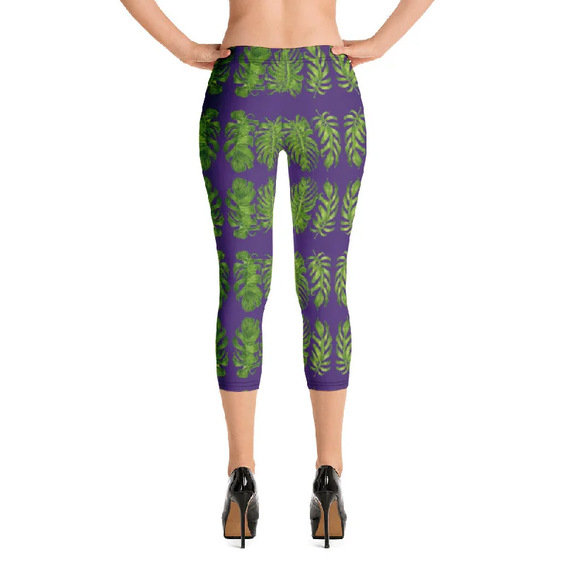 Purple Tropical Leaf Capri Leggings, Hawaiian Style Green Leaves Women's Capris Casual Sports Tights Trendy Fitness Leggings