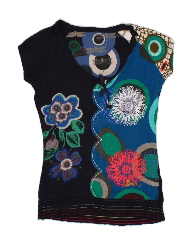 DESIGUAL Womens Graphic T-Shirt Top UK 10 Small Navy Blue Floral Cotton Graphic Embroidered Appliqued
