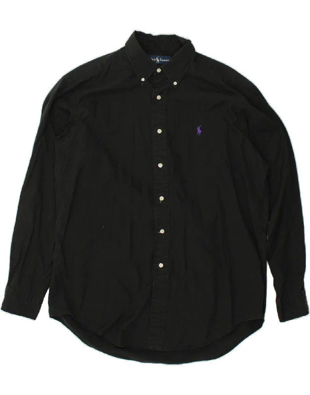 RALPH LAUREN Mens Classic Fit Shirt Large Black Cotton Asymmetrical Pockets Print