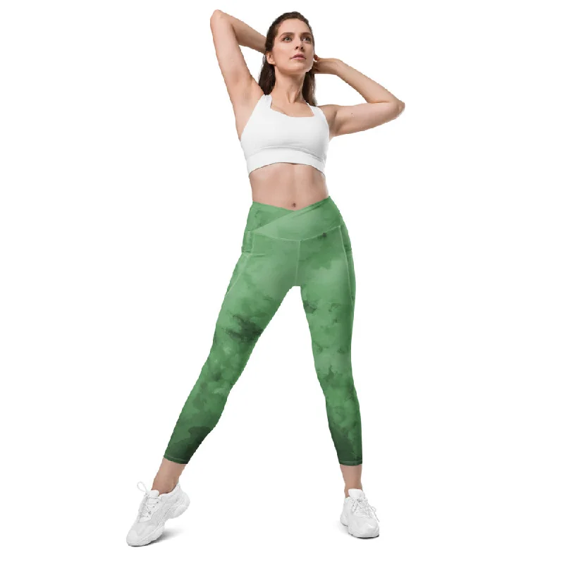 Green Abstract Yoga Tights, Best Women's Crossover Leggings With Pockets For Ladies - Made in USA/EU/MX Stylish Camo Print Leggings