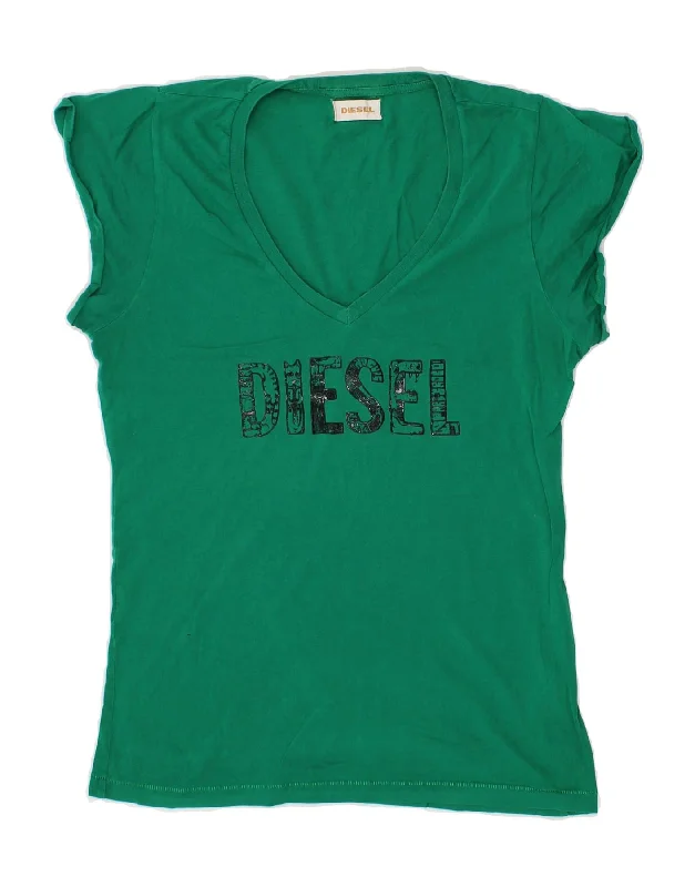 DIESEL Womens Graphic T-Shirt Top UK 10 Small Green Cotton Modern Contemporary Chic
