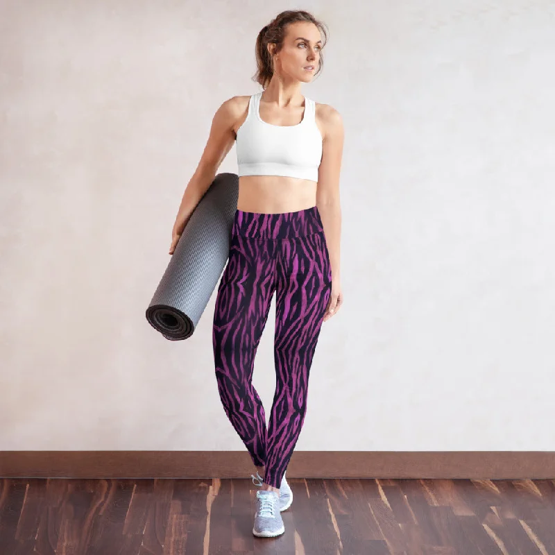 Purple Tiger Striped Yoga Leggings, Tiger Stripes Animal Print Women's Tights-Made in USA/EU/MX Stylish Camo Print Leggings