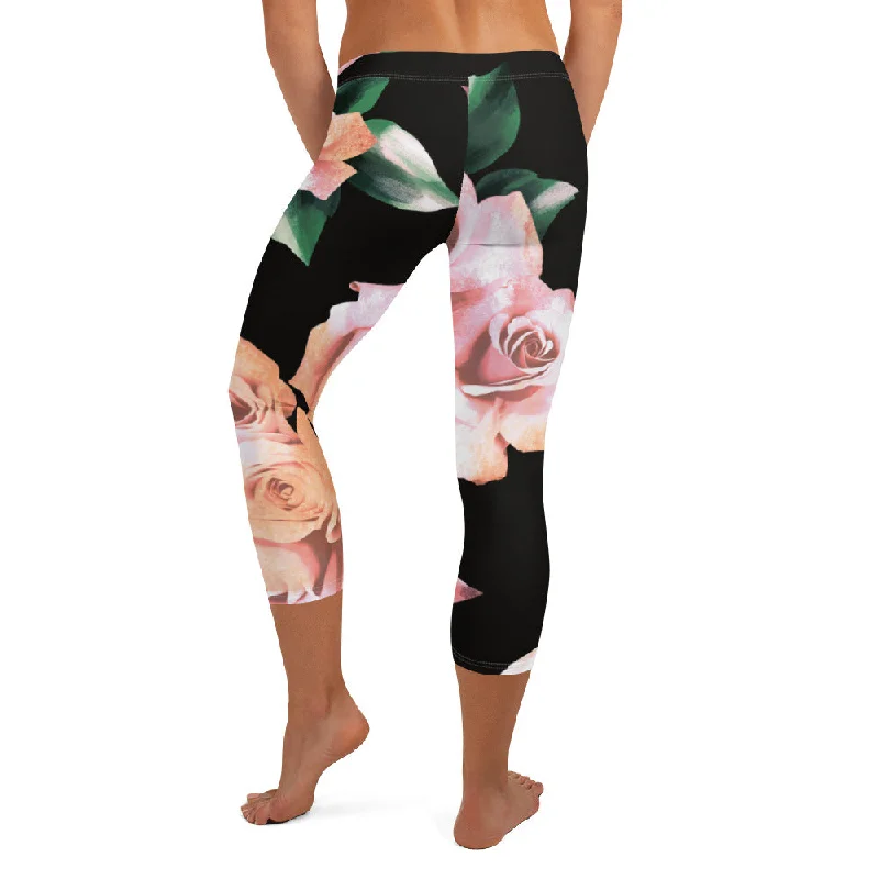 Pink Rose Floral Capri Leggings, Classic Elegant Rose Black Casual Flower Tights For Ladies - Made in USA/EU/MX Stylish Everyday Leggings