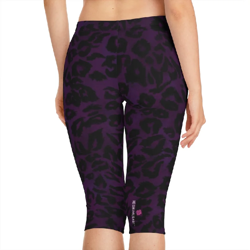 Purple Leopard Women's Capri Leggings, Knee-Length Polyester Capris Tights-Made in USA (US Size: XS-2XL) Trendy Foil Finish Leggings