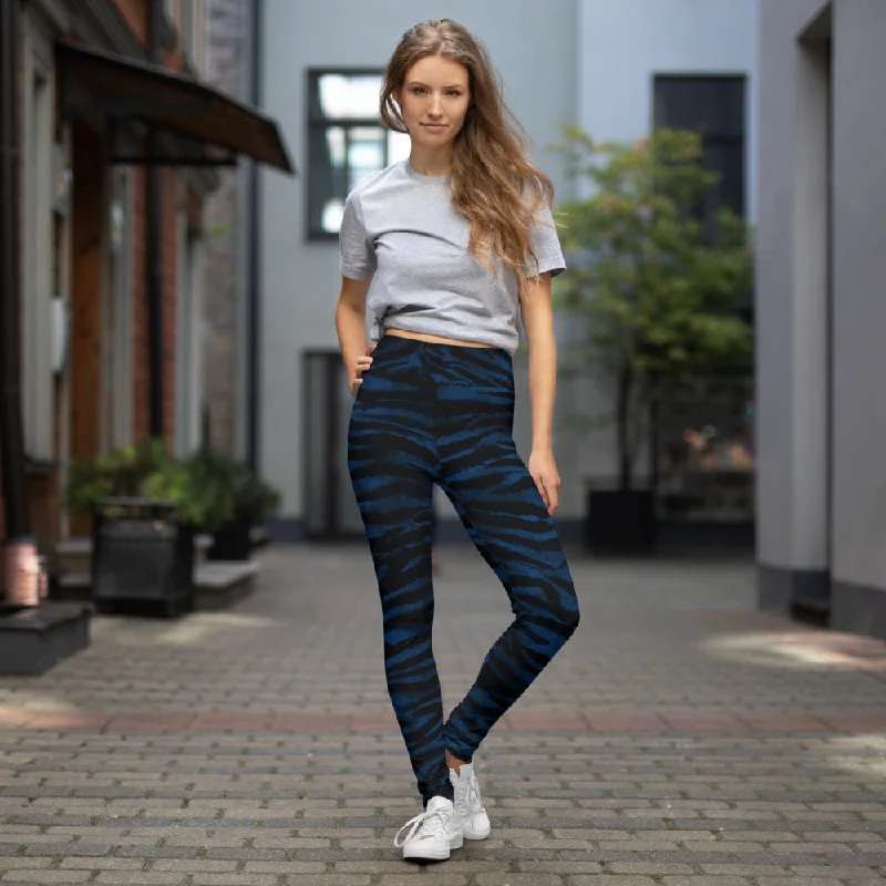 Blue Tiger Striped Yoga Leggings, Animal Print Women's Long Fitness Gym Pants-Made in USA/EU Stylish Winter-Ready Leggings