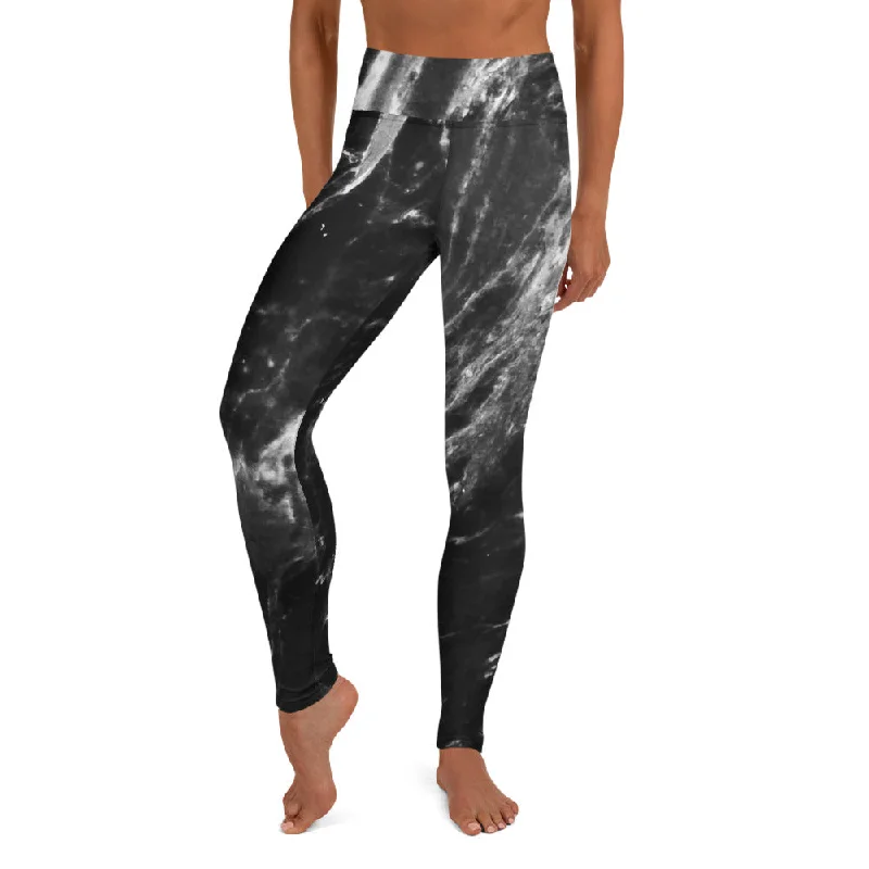 Black Marble Print Yoga Leggings, Grey Marbled Women's Long Yoga Tights-Made in USA/EU/MX Comfortable Running Leggings
