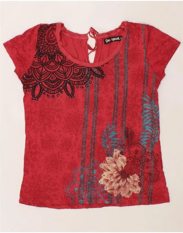 DESIGUAL Womens Graphic T-Shirt Top UK 18 XL Red Floral Cotton Nylon Fabric Polyester Fabric Spandex Fabric