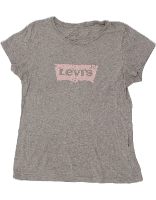 LEVI'S Womens Graphic T-Shirt Top UK 16 Large Grey Cotton Cashmere Blend Cotton Blend Poly Blend