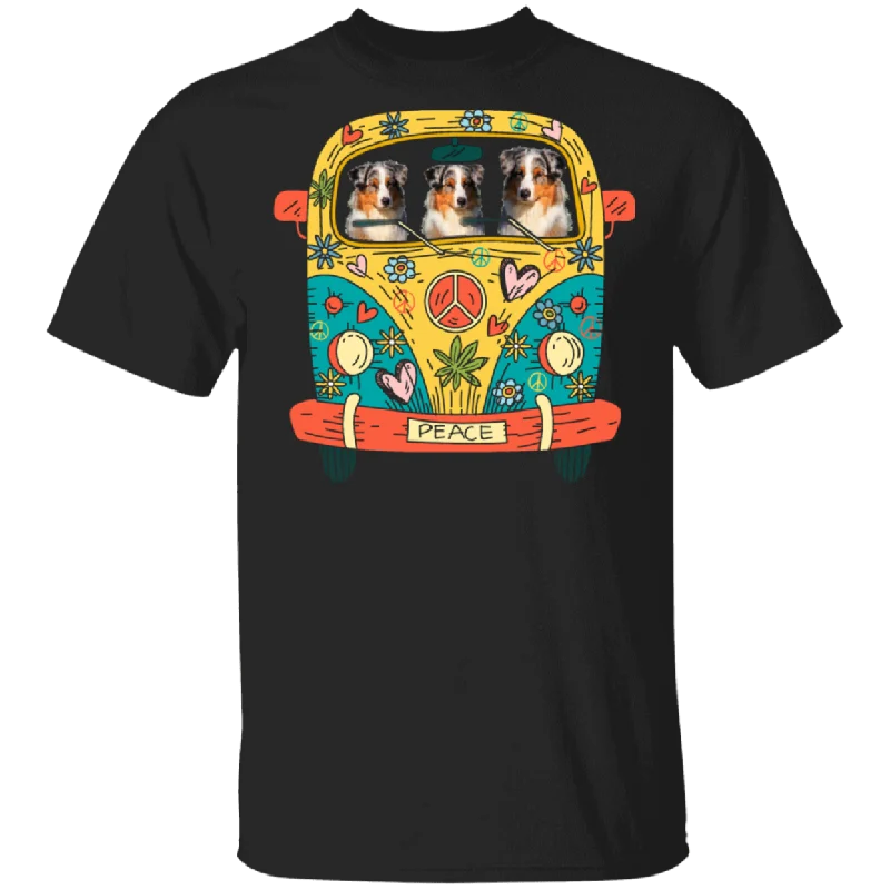 Australian Shepherd Riding Hippie Bus Funny Australian Shepherd Dog Pet Lover Hippie Van Matching Shirt For Men Women Gifts T-Shirt Front Pockets Side Pockets Patch Pockets