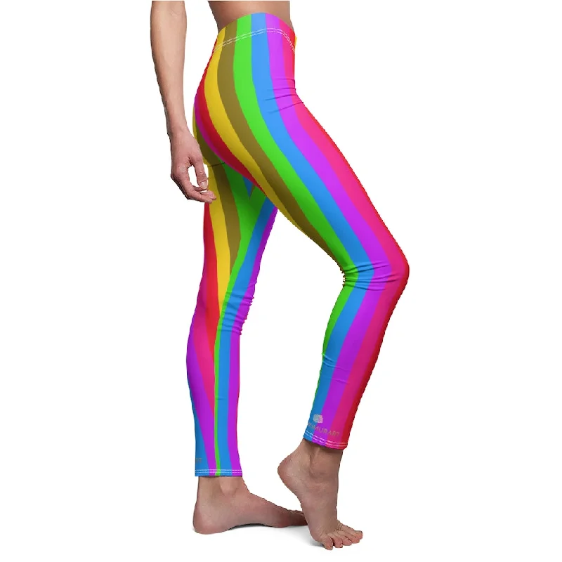 Rainbow Striped Women's Casual Leggings, Gay Pride Party Vertical Stripes Tights For Ladies-Made in USA Trendy Cut-Out Activewear Leggings