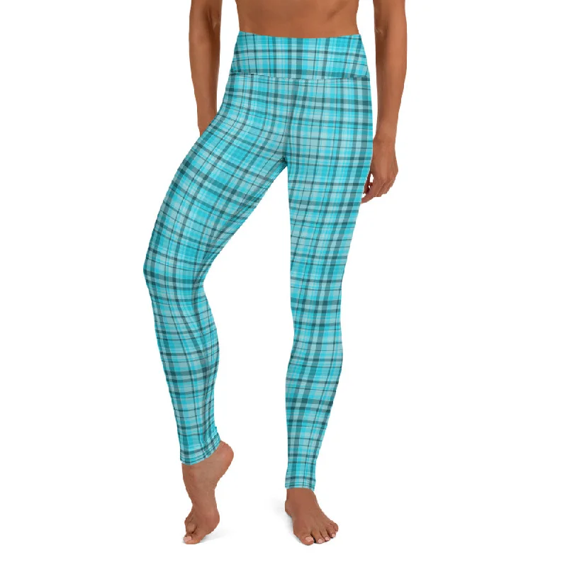 Light Blue Plaid Yoga Leggings, Scottish Style Tartan Print Women's Long Tights-Made in USA/EU/MX Trendy Mesh Leggings