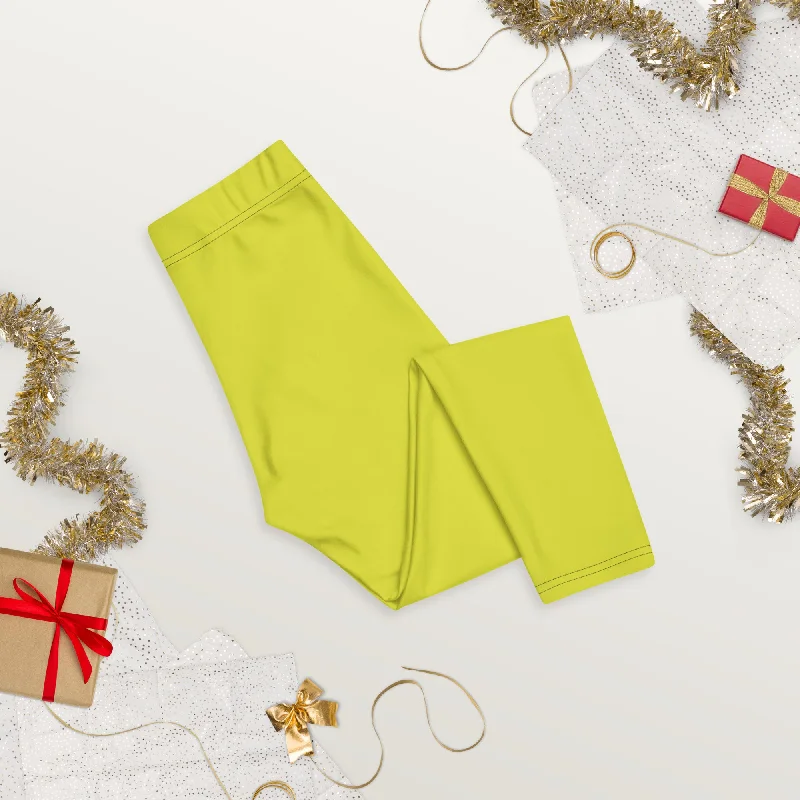 Bright Yellow Solid Capri Leggings, Yellow Lemon Solid Color Premium Women's Capris Tights-Made in USA/EU/MX Fashionable Solid Color Tights