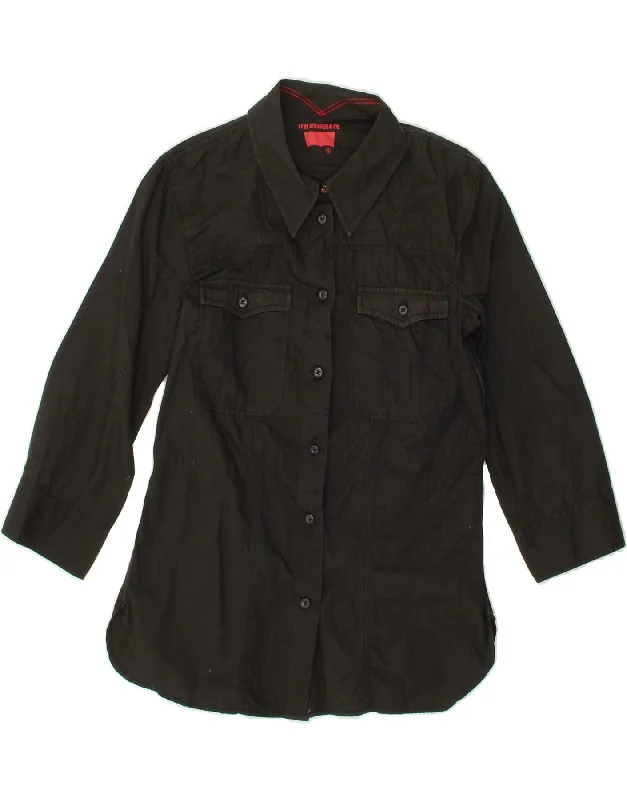 LEVI'S Womens 3/4 Sleeve Shirt UK 8 Small Black Cotton Notch Collar Peter Pan Collar Cowl Neck
