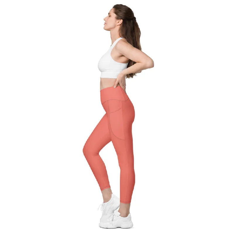 Peach Pink Color Women's Tights, Women's 7/8 Leggings With 2 Side Pockets - Made in USA/EU/MX Trendy Digital Print Leggings