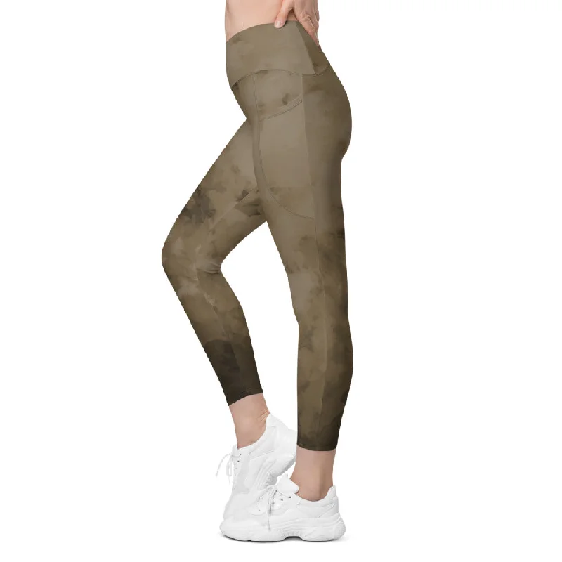 Brown Abstract Women's Tights, Best Women's Crossover Leggings With Pockets For Ladies - Made in USA/EU/MX Trendy Color Block Leggings