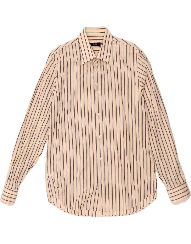 HUGO BOSS Mens Shirt Size 40 15 1/2 Medium Pink Striped Cotton Chenille Brocade Lace