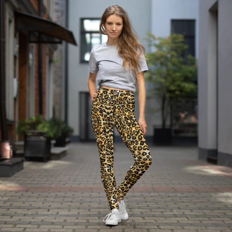 Brown Leopard Women's Yoga Leggings, Animal Print Ladies' Long Tights-Made in USA/EU/MX Fashionable Moisture-Wicking Leggings