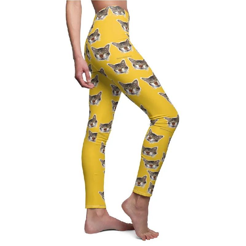 Bright Yellow Calico Cat Leggings, Best Peanut Meow Cat Cute Calico Print Women's Fancy Casual Leggings- Made in USA Fashionable Moisture-Wicking Leggings