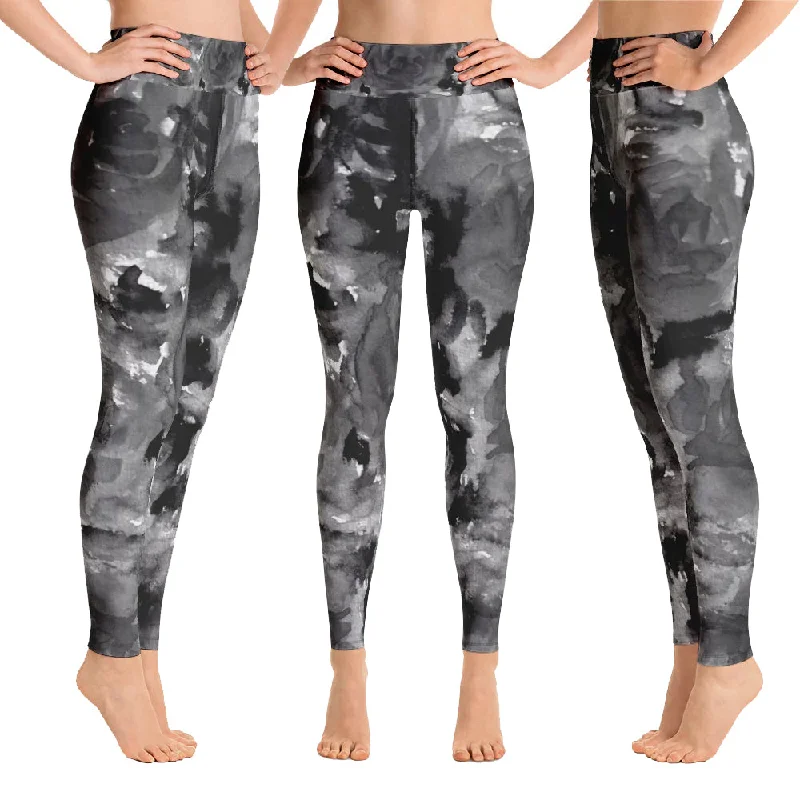Grey Floral Rose Women's Leggings, Premium Fitted Gym Running Tights-Made in USA/EU Comfortable Ribbed Waistband Leggings