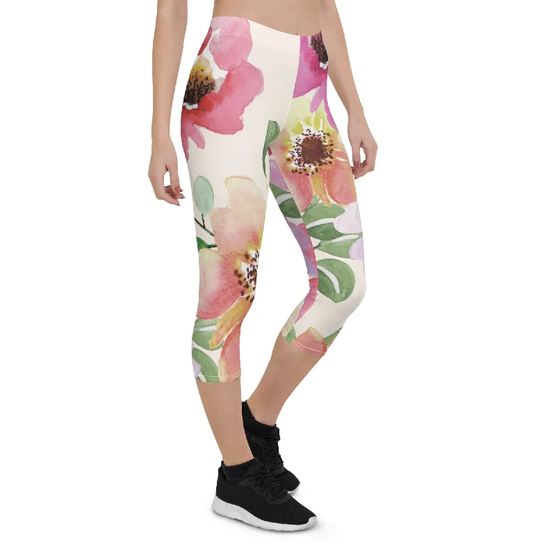 Pink Floral Best Capri Leggings, Flower Print Designer Premium Quality Women's Capris Tights- Made in USA/EU/MX Trendy Sporty Compression Leggings