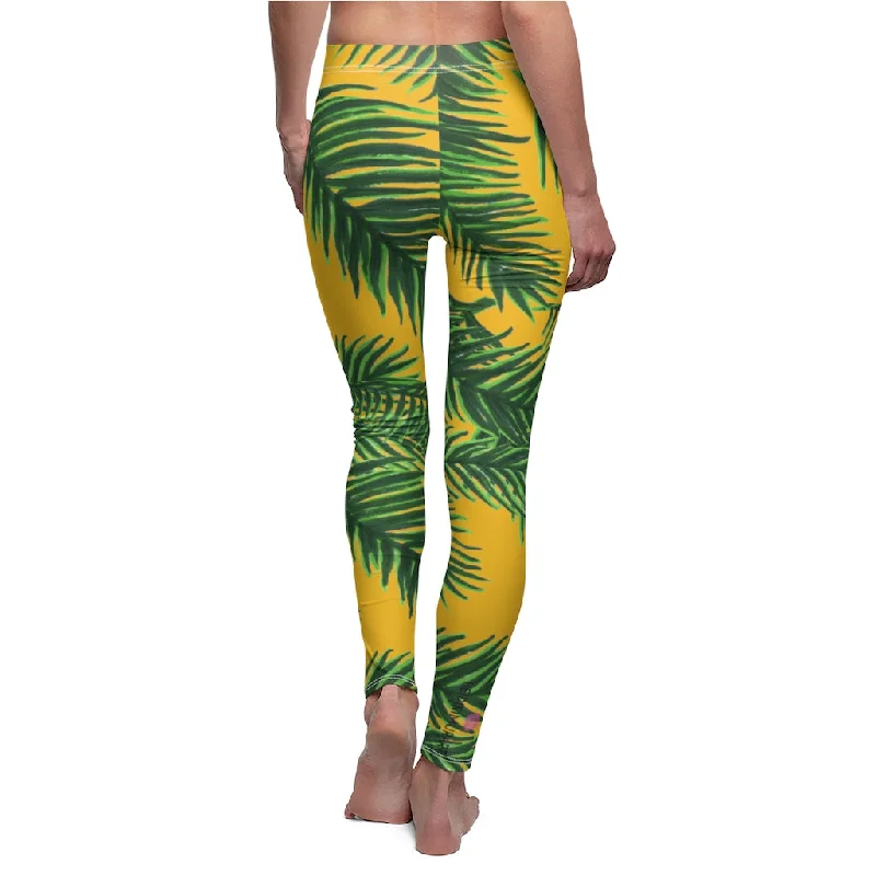 Yellow Tropical Leaves Casual Leggings, Green Jungle Palm Tree Women's Long Leggings-Made in USA Stylish Yoga Leggings