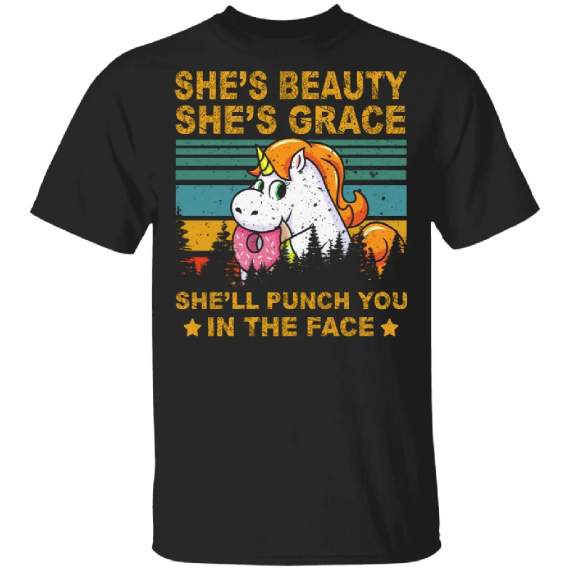 Vintage Square She's Beauty She's Grace She'll Punch You In The Face Funny Donut Unicorn Shirt Matching Magical Unicorn Lover Gifts T-Shirt Houndstooth Herringbone Solid