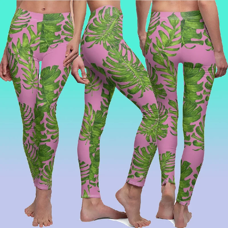 Light Pink Tropical Tights, Green Tropical Leaf Print Women's Dressy Long Casual Leggings- Made in USA Elegant Embellished Leggings