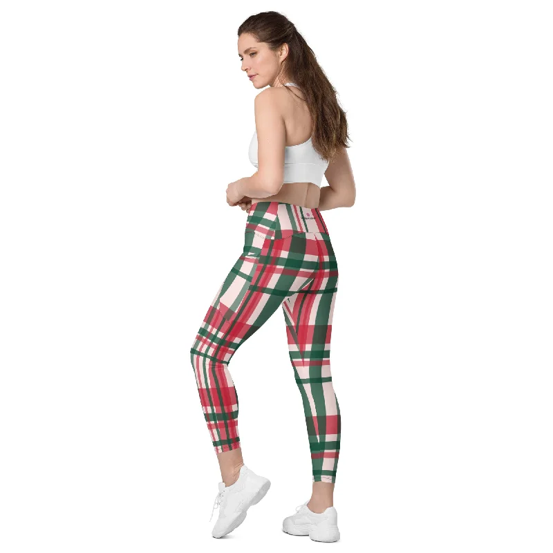 Red Plaid Print Women's Tights, Best Red Green Plaid Print Women's Crossover Leggings With Pockets For Ladies - Made in USA/EU/MX Stylish Side-Stripe Leggings