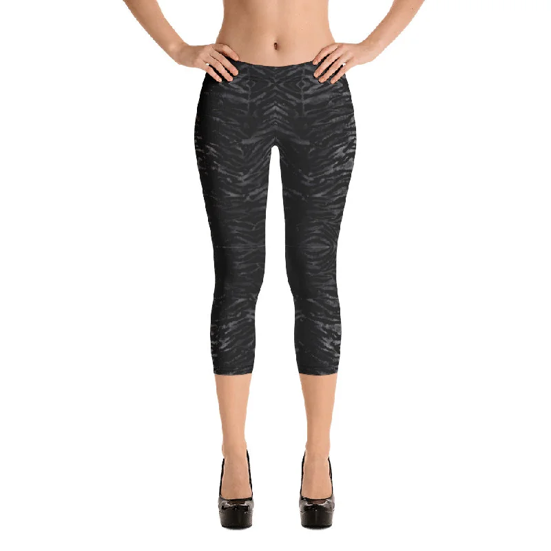 Black Tiger Striped Capri Leggings, Animal Print Women's Capris Tights-Made in USA/EU Elegant Textured Leggings