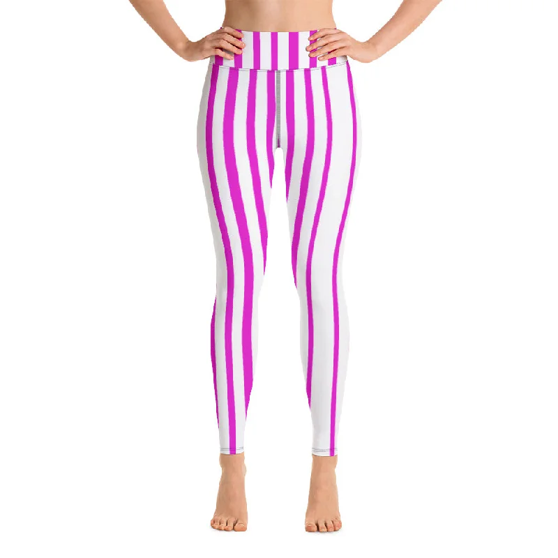 Pink White Stripes Yoga Leggings, Vertically Striped Women's Long Workout Tights-Made in USA/EU Cozy Cotton Leggings