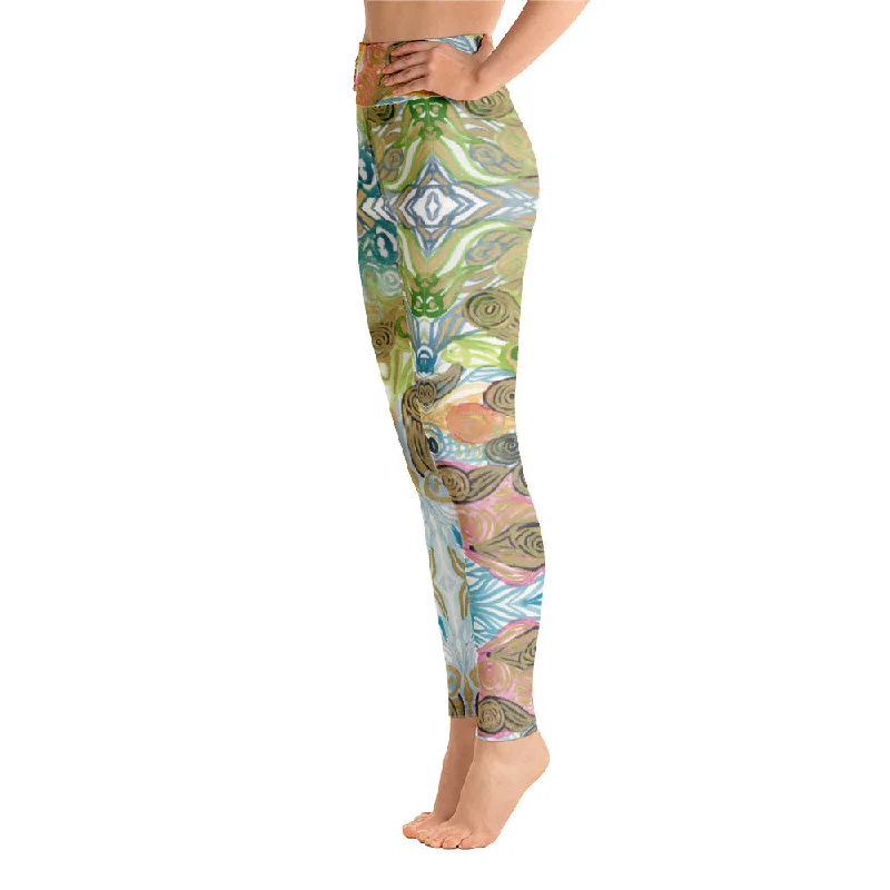 Japanese Waves Abstract Yoga Leggings, Watercolor Women's Retro Style Long Yoga Pants-Made in USA/EU Cozy Reflective Detail Leggings