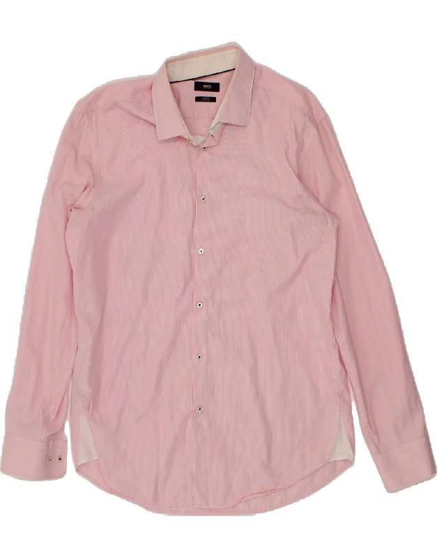 HUGO BOSS Mens Slim Fit Shirt Size 44 17 1/2 XL Pink Pinstripe Cotton Boxy Fit Fitted Loose