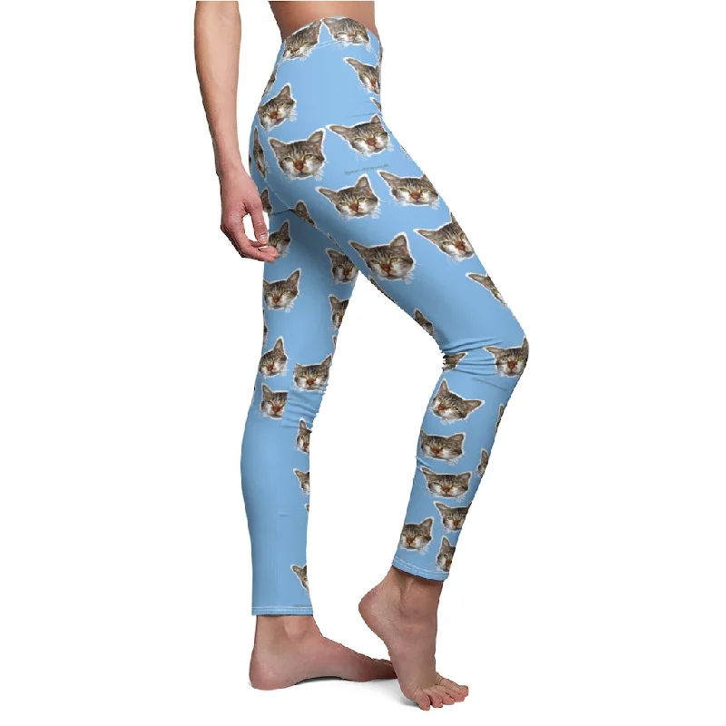Light Blue Cat Print Leggings, Best Light Blue Peanut Meow Cat Cute Calico Print Women's Fancy Casual Leggings- Made in USA Trendy Flared Leggings
