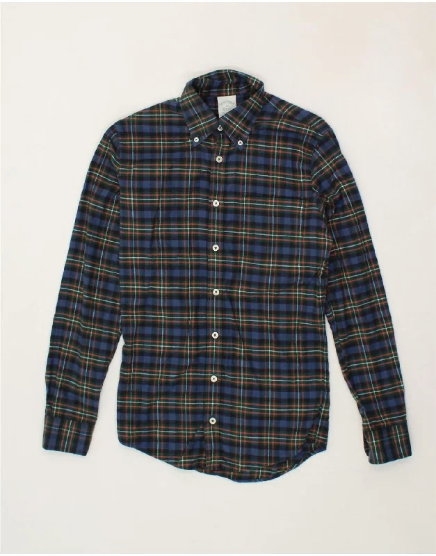 BROOKS BROTHERS Mens Flannel Shirt XS Navy Blue Check Cotton Seamless Knitted Crochet
