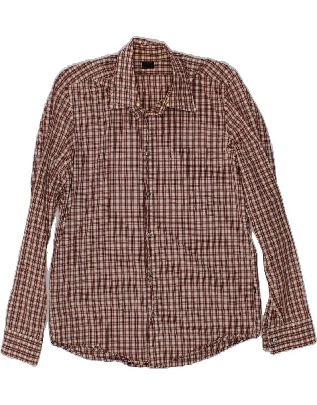 HUGO BOSS Mens Shirt Medium Burgundy Check Cotton Asymmetrical Pockets Print