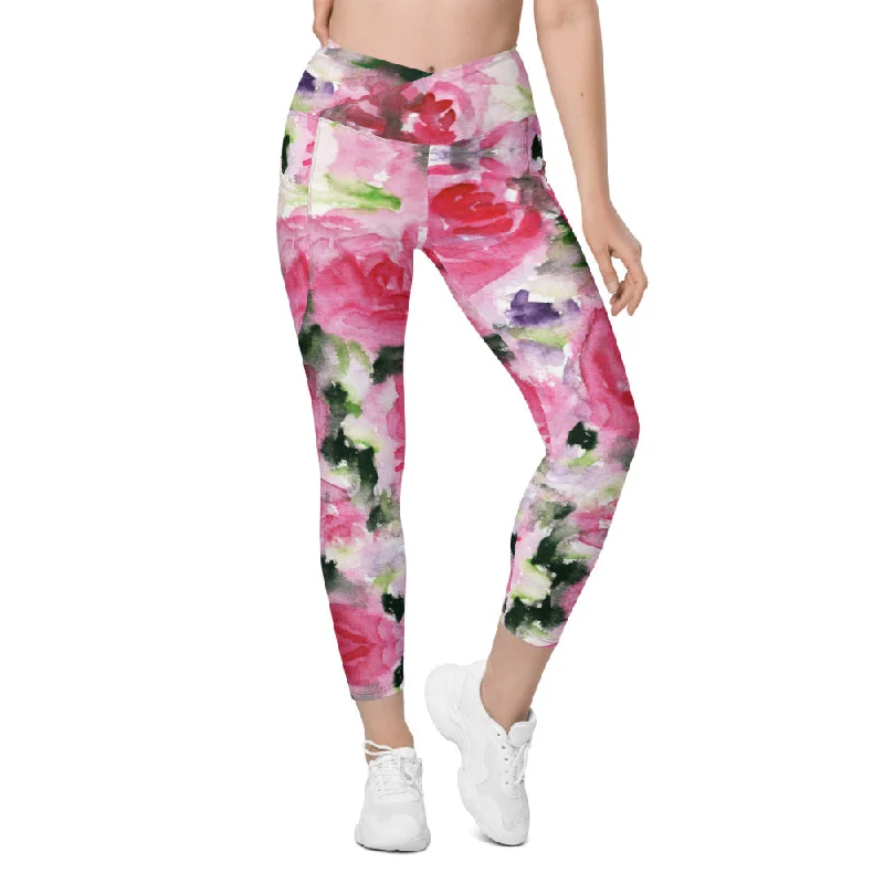 Pink Rose Women's Tights, Best Floral Roses Print Women's Crossover Leggings With Pockets For Ladies - Made in USA/EU/MX Stylish Faux Leather Leggings