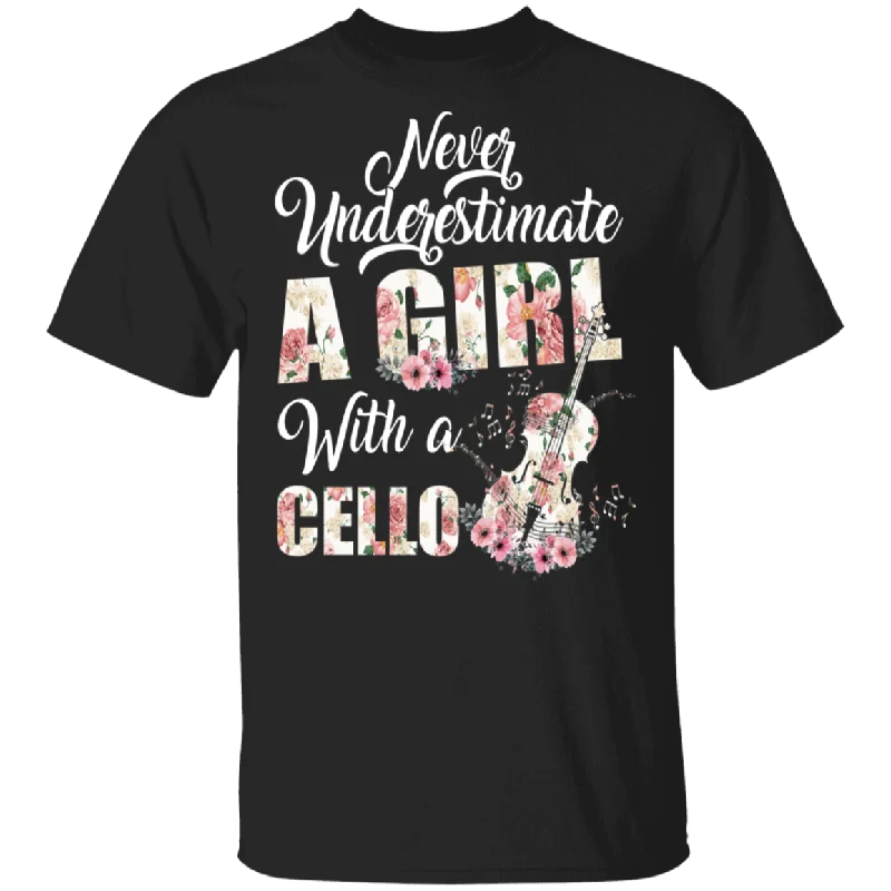 Never Underestimate A Girl With A Cello Funny Cello Player Lover Floral Cello Matching Girl Women Gifts T-Shirt Sequined Glittery Shiny