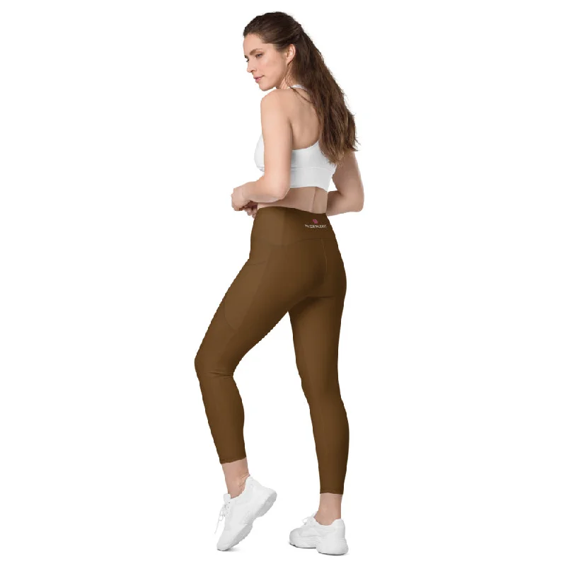 Dark Brown Women's Tights, Women's 7/8 Leggings With 2 Side Pockets - Made in USA/EU/MX Stylish Sweat-Proof Leggings