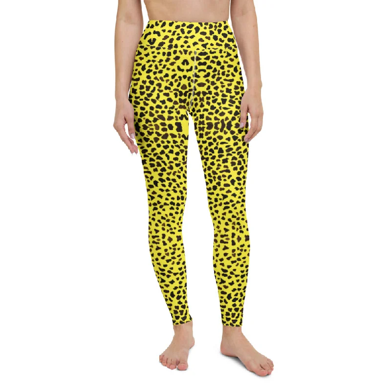 Yellow Cheetah Print Yoga Leggings, Animal Print Women's Long Yoga Tights-Made in USA/EU Fashionable High-Rise Leggings