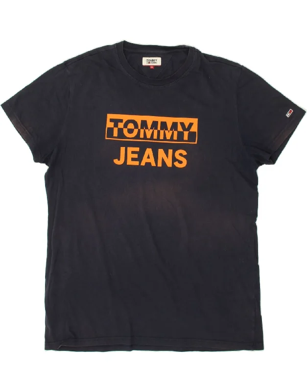 TOMMY HILFIGER Mens Graphic T-Shirt Top 2XL Navy Blue Print Jacquard Patchwork
