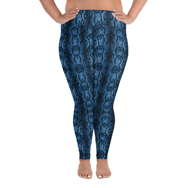 Blue Snake Print Women's Tights, Best Python Skin Print Plus Size Leggings For Ladies - Made in USA/EU/MX Comfortable Slim Fit Leggings