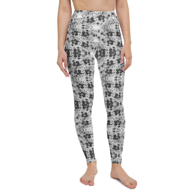 Grey Floral Print Yoga Leggings, Abstract Rose Flower Women's Long Tights-Made in USA/EU/MX Fashionable Ribbed Knit Leggings