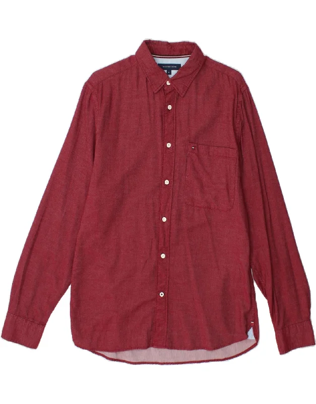 TOMMY HILFIGER Mens Shirt Medium Red Cotton Notch Collar Peter Pan Collar Cowl Neck