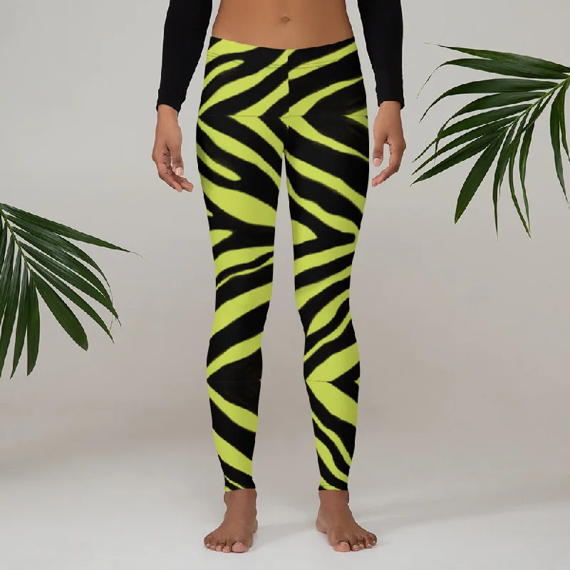 Yellow Zebra Print Women's Leggings, Animal Zebra Stripes Print Women's Casual Long Tights - Made in USA/EU/MX Cozy Oversized Leggings